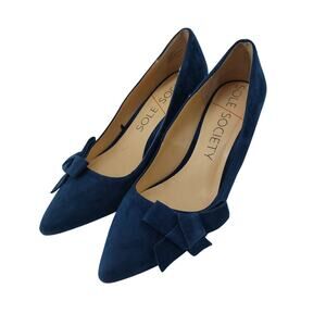 Sole Society Navy Suede Pointed Toe Wedge Pumps with Bow Accent